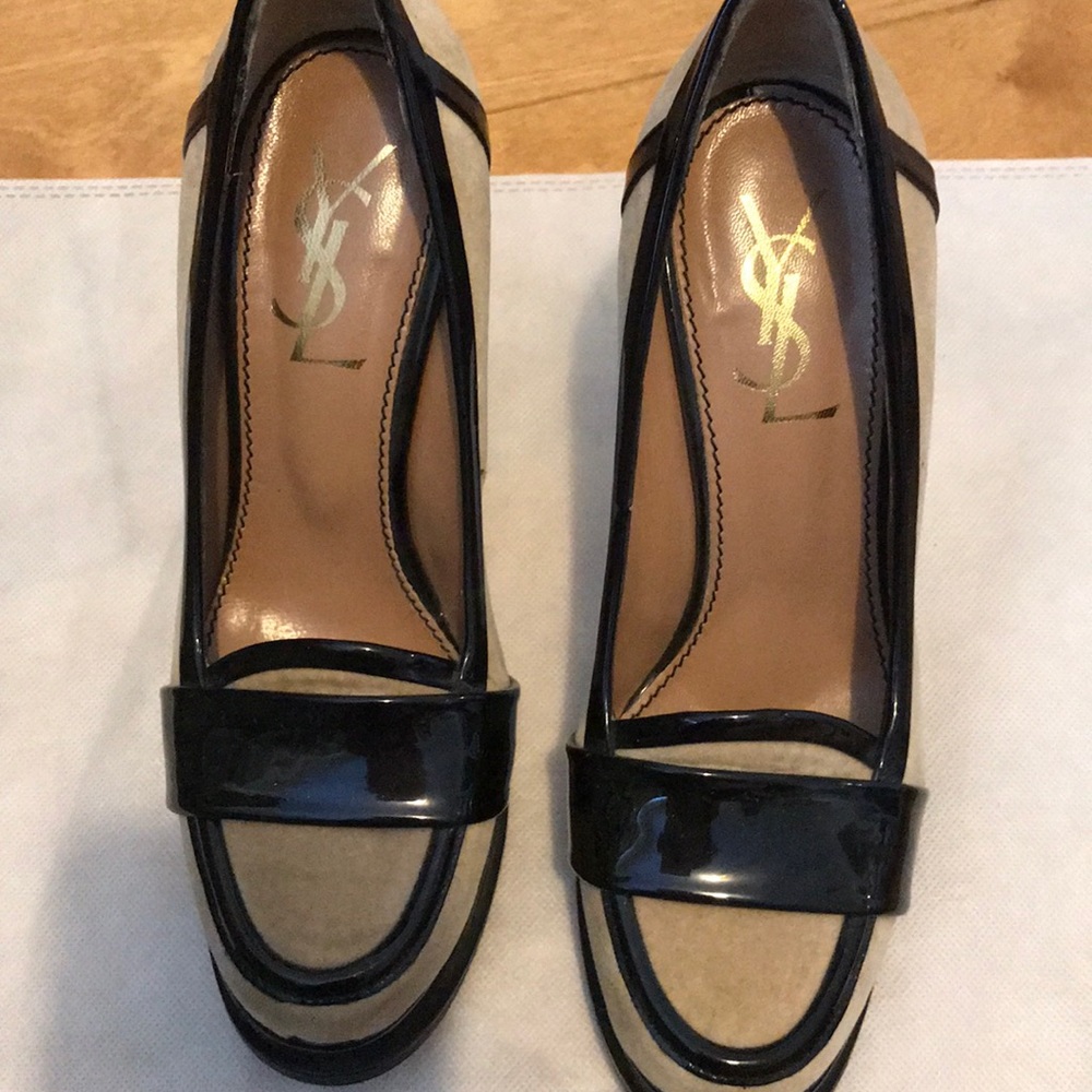 YSL beige velvet heels with patent trim.